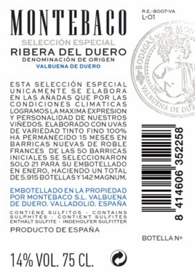 contraetiqueta vino montebaco selección especial